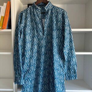 Kalki Men's Navy Blue Cotton Silk Straight Kurta With Printed Work - Worn Once
